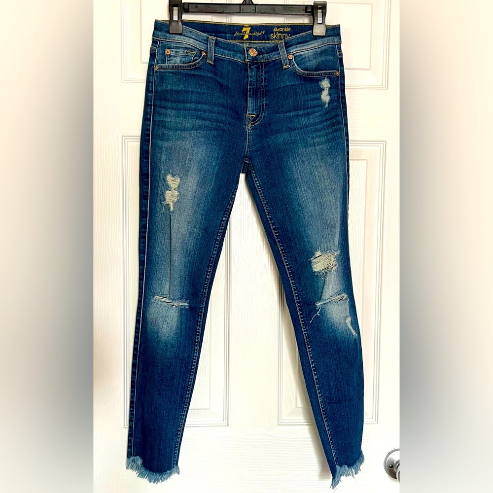 7 For All Mankind Blue The Ankle Skinny Jeans with Distressed Details Size 28